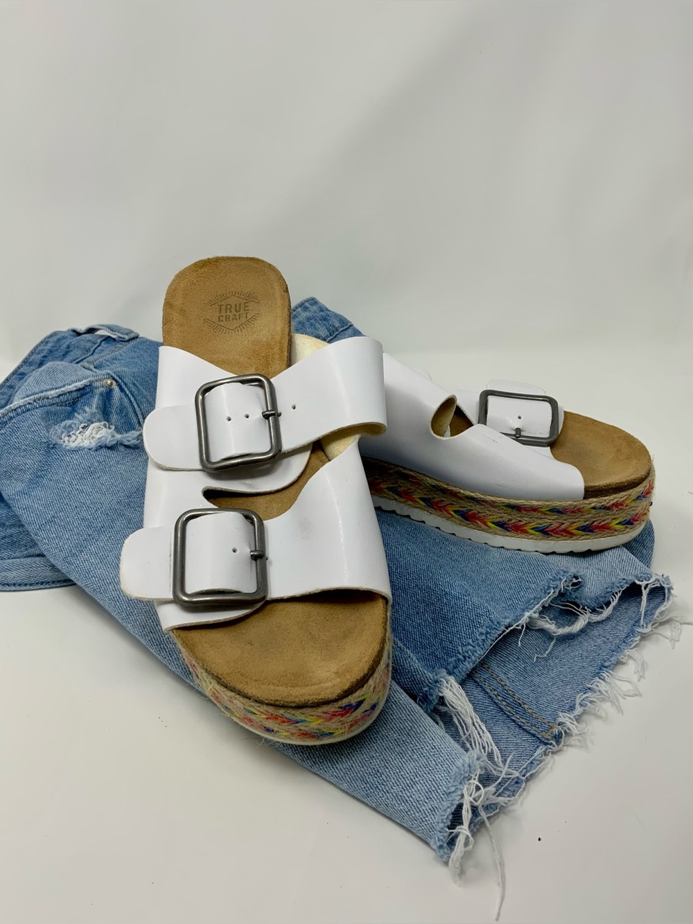 True Craft White Double-Buckle Espadrille Platform Sandal with Multicolor Trim